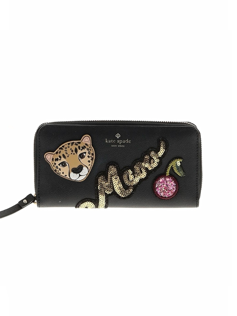 kate spade Black 'Meow' Zip-Around Wallet with Leopard & Cherry Motifs